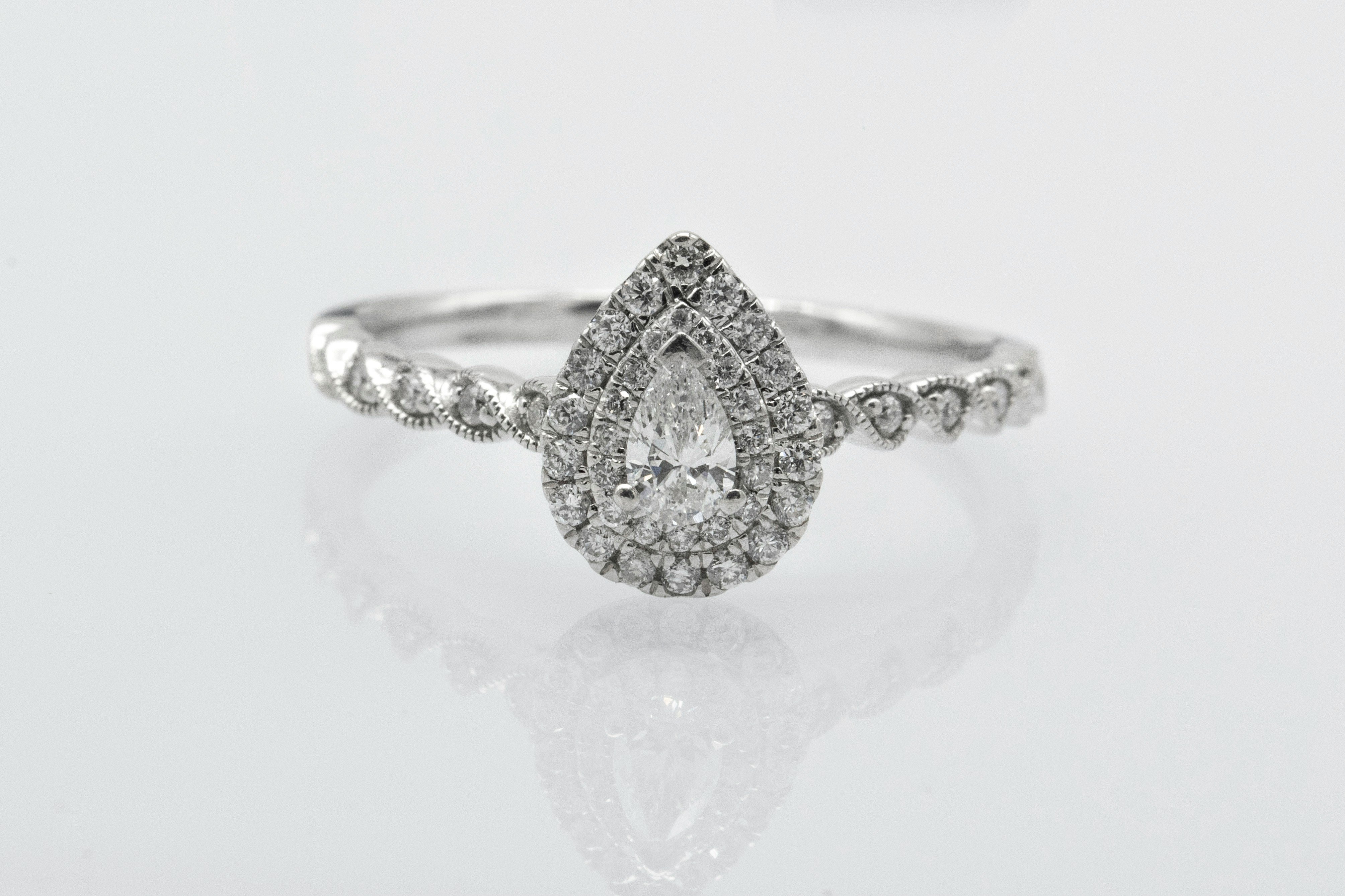 Pear-Cut Double Halo Diamond Ring – 18K White Gold